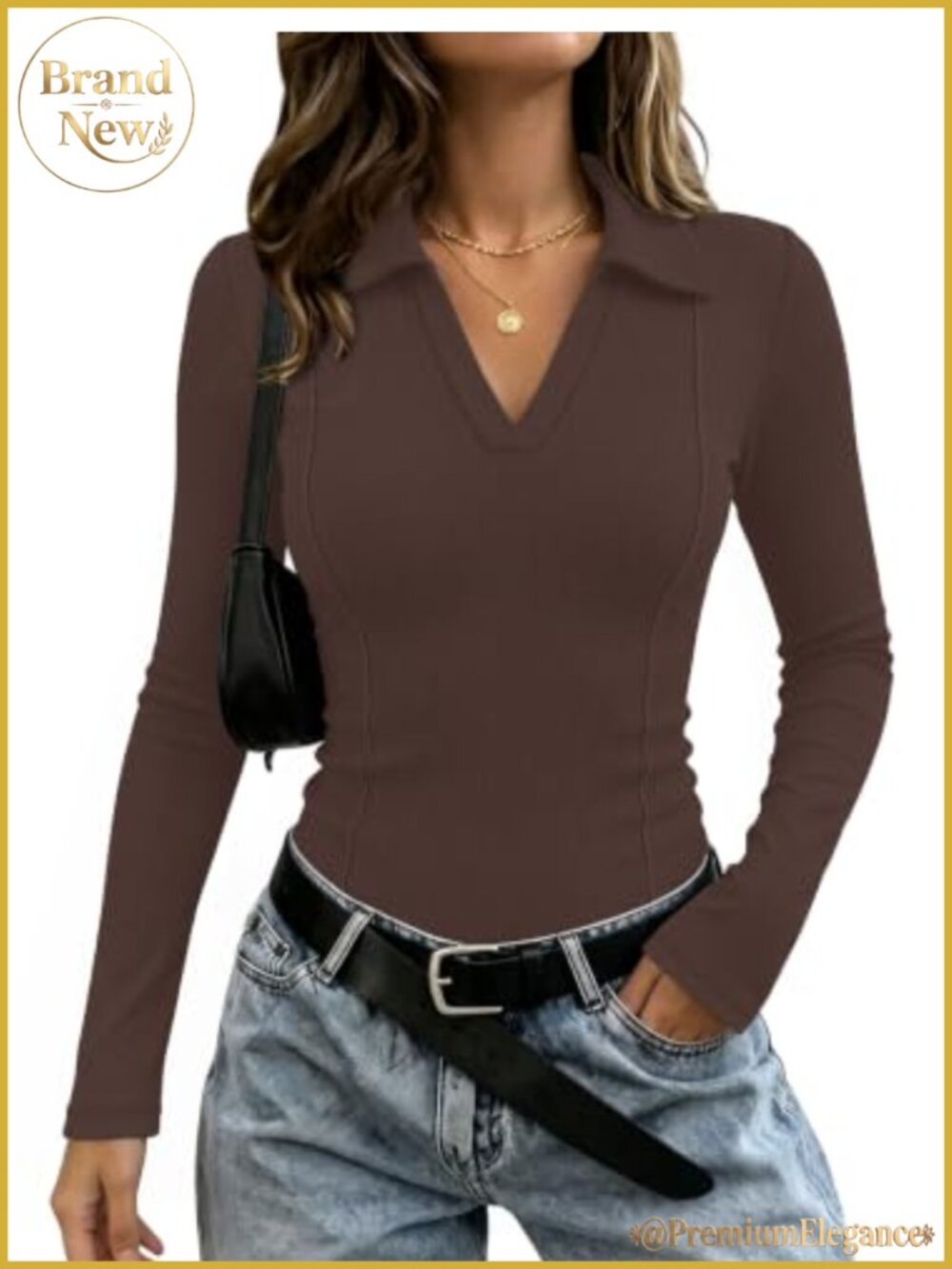 Womens Long Sleeve Polo Top Collared V Neck Ruched Fitted Business Casual